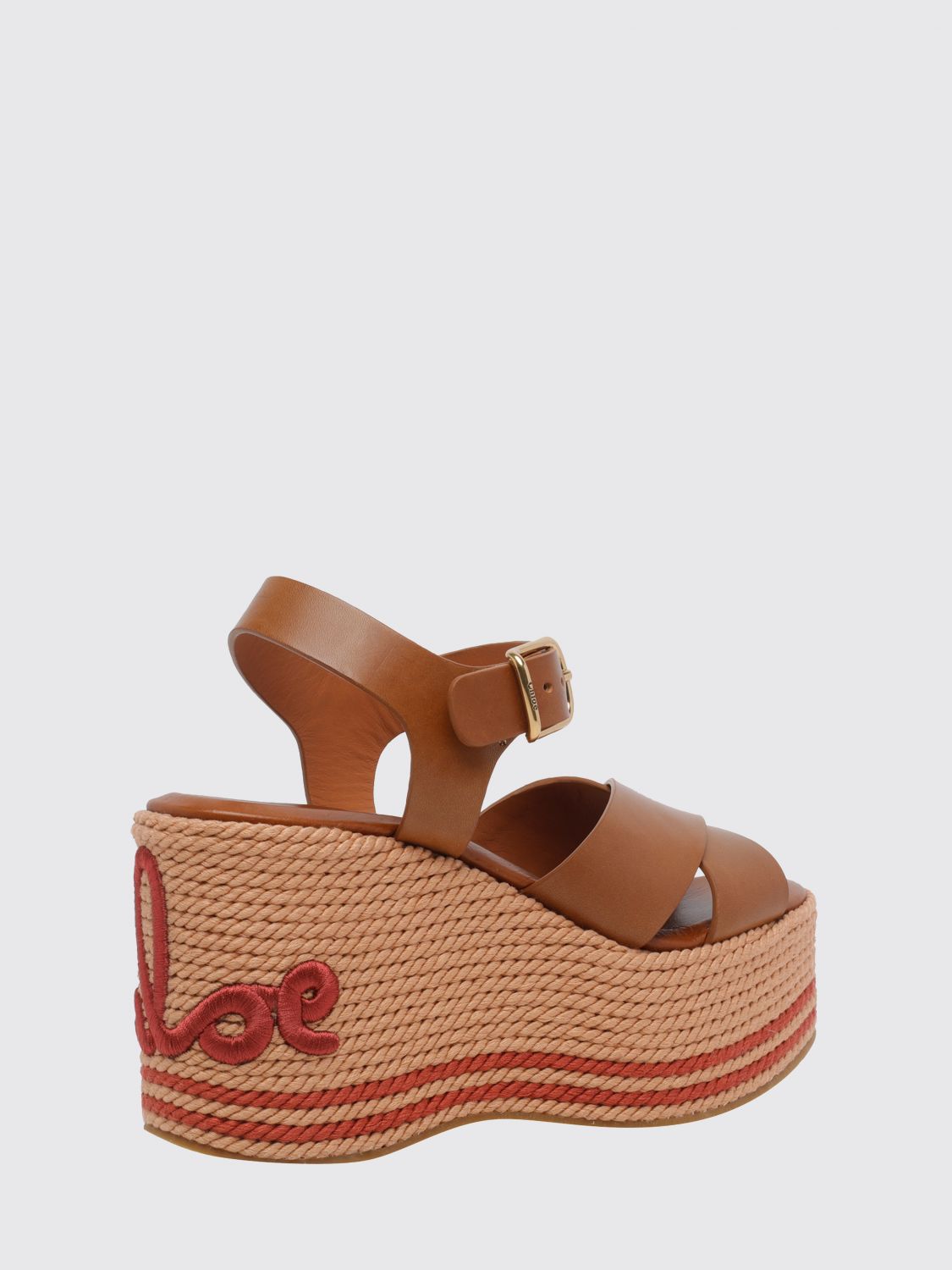 chloé high wedge sandals in calfskin leather with embroidered logo and strap