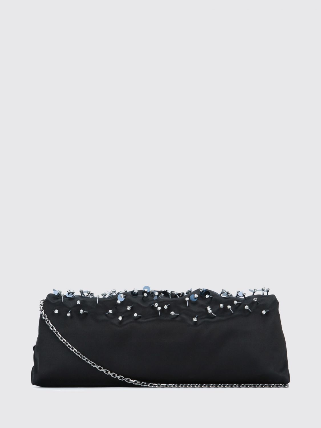 satin clutch with bead embroidery and chain strap