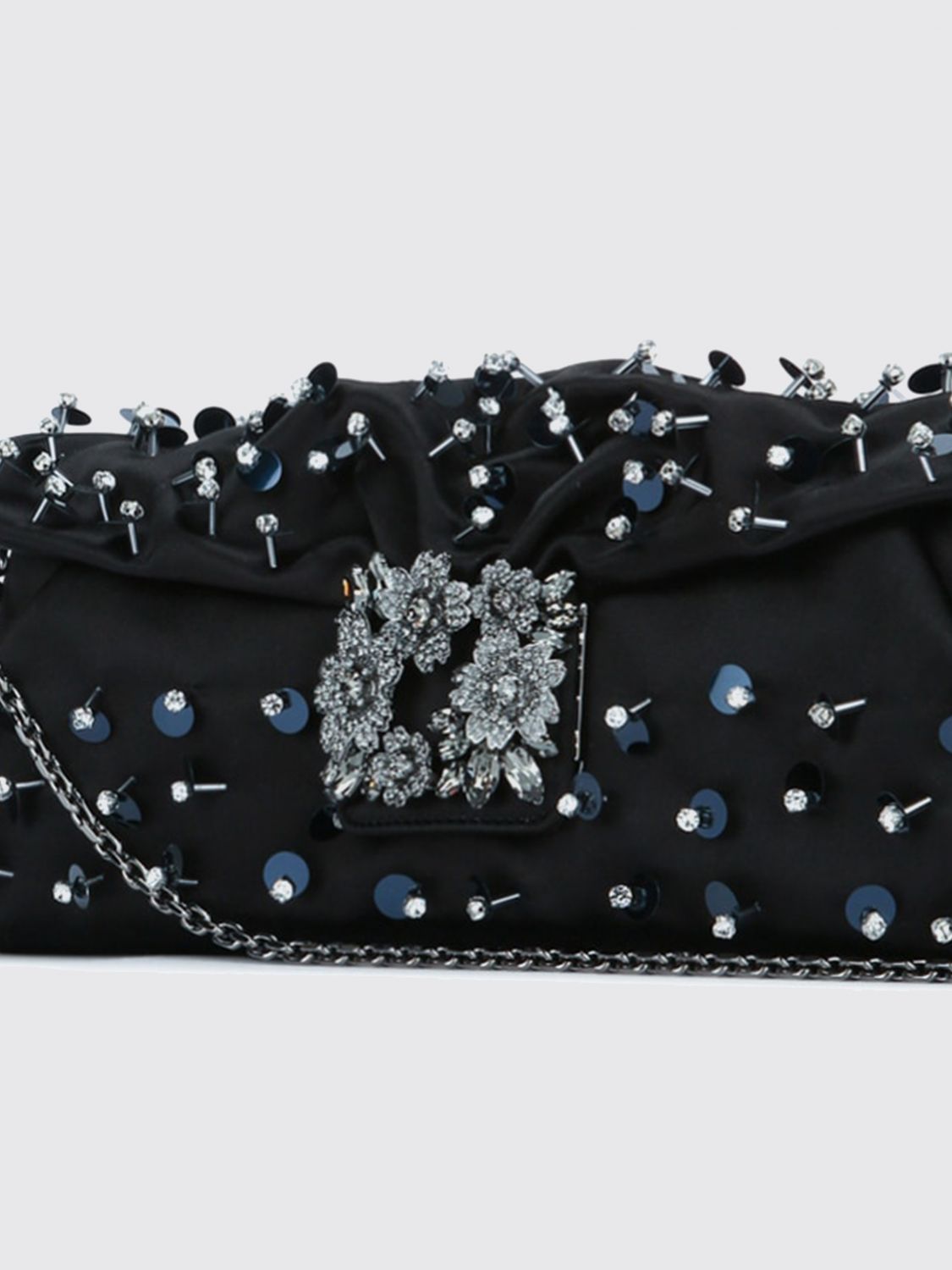 satin clutch with bead embroidery and chain strap
