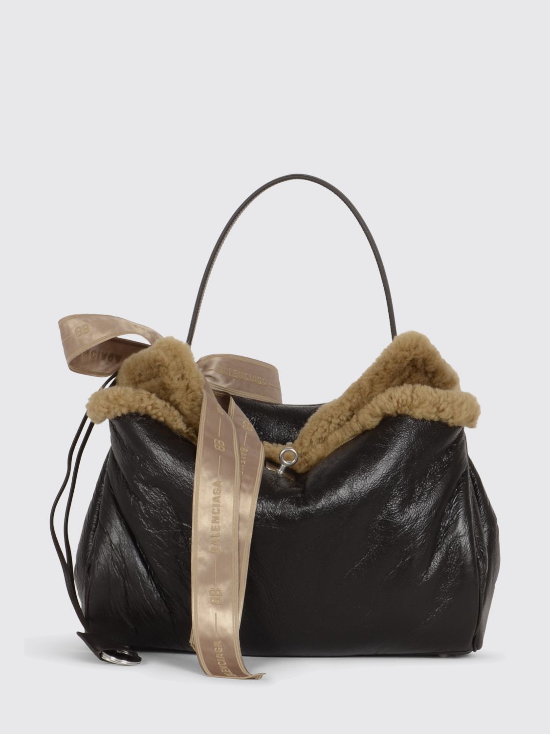 leather and shearling rodeo bag with logo bow