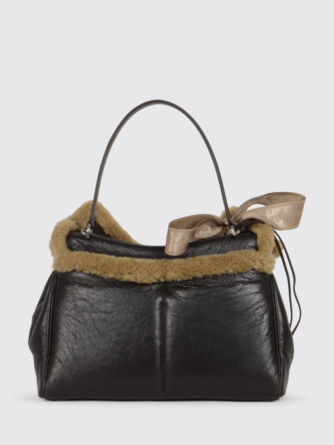 leather and shearling rodeo bag with logo bow