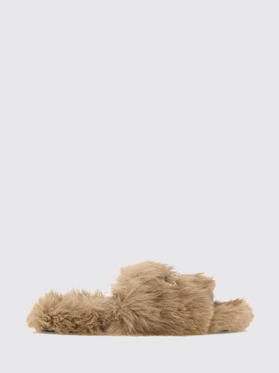 faux fur slides with bow and rhinestone embellishment