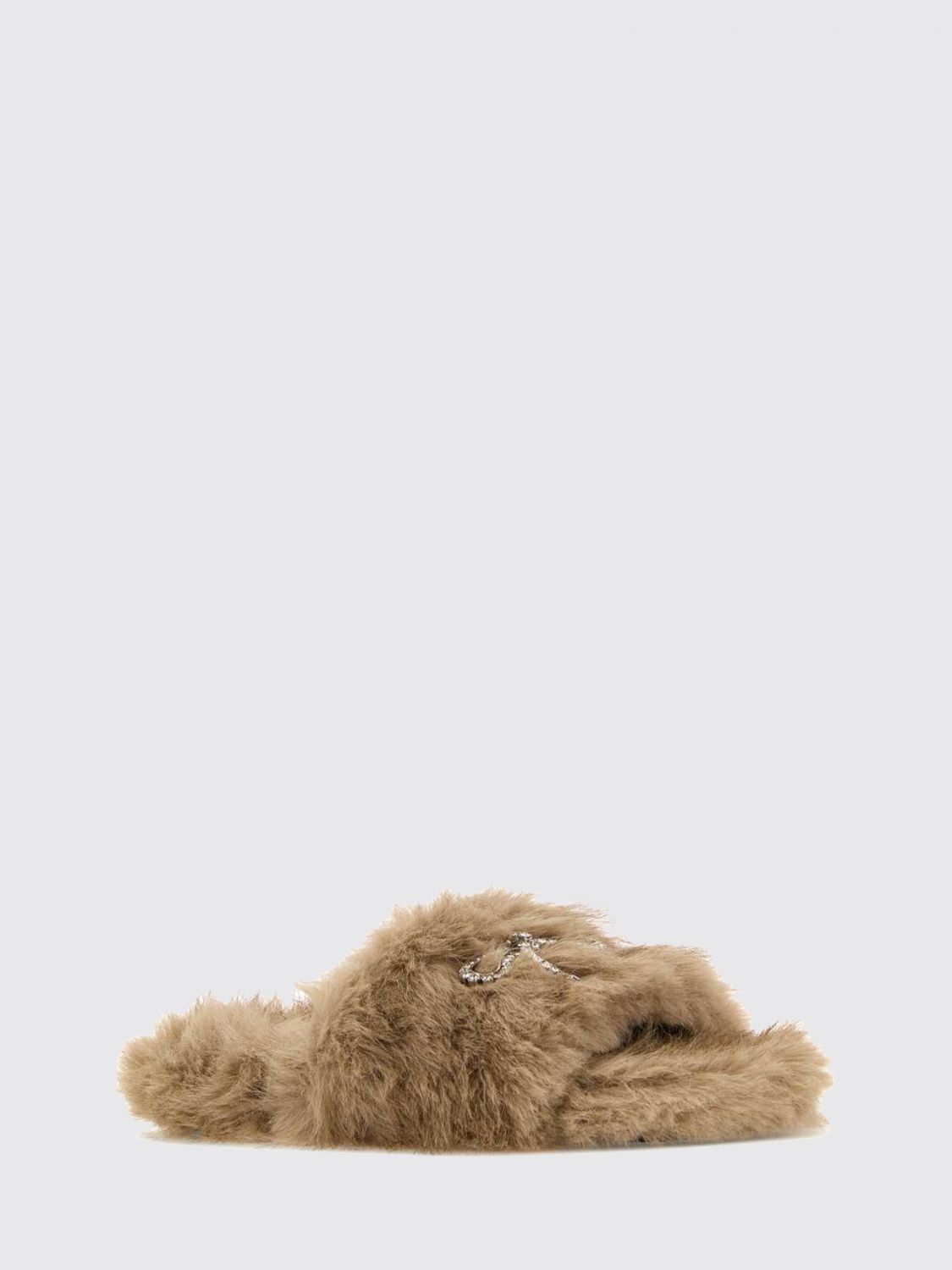 faux fur slides with bow and rhinestone embellishment