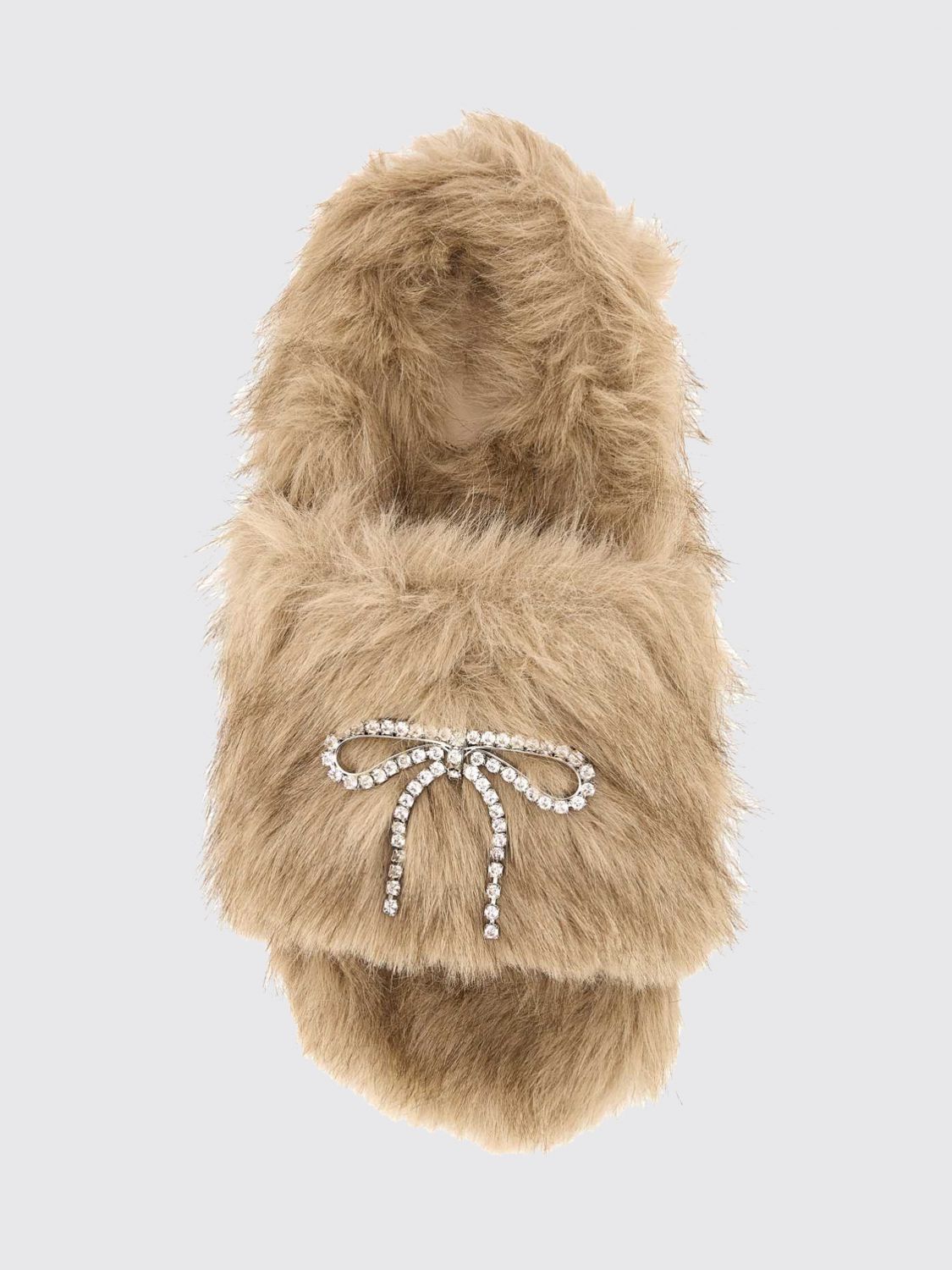 faux fur slides with bow and rhinestone embellishment