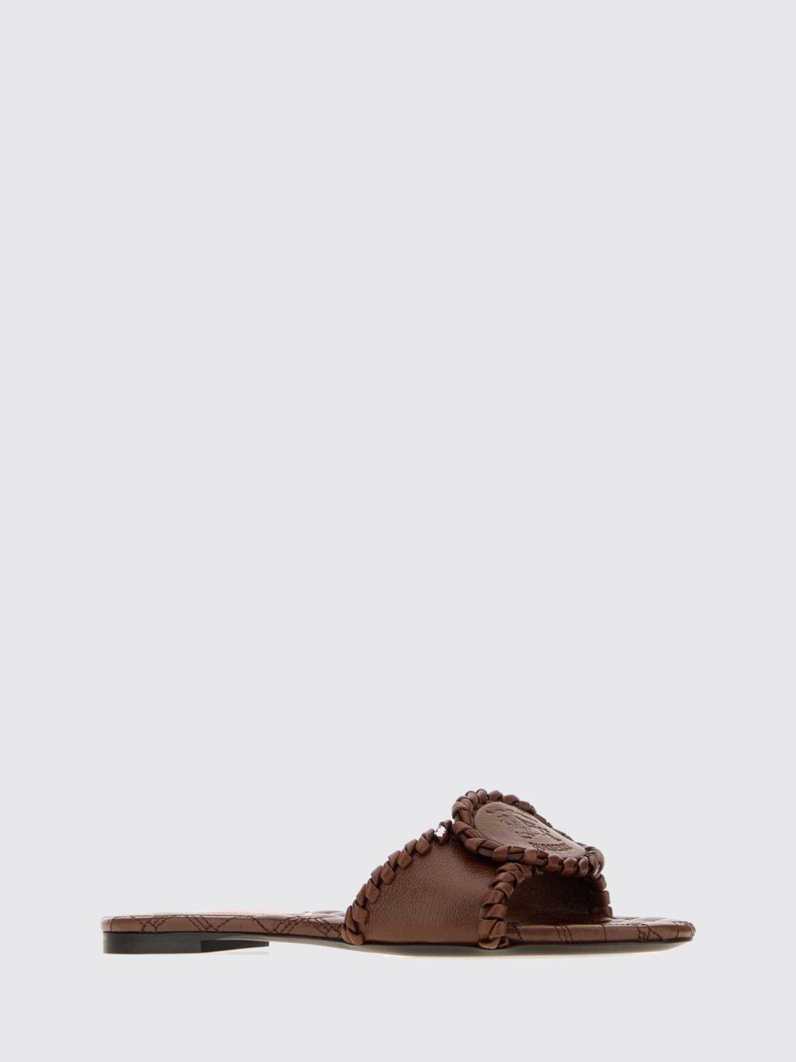 woven bovine leather slides with low heel and embossed logo