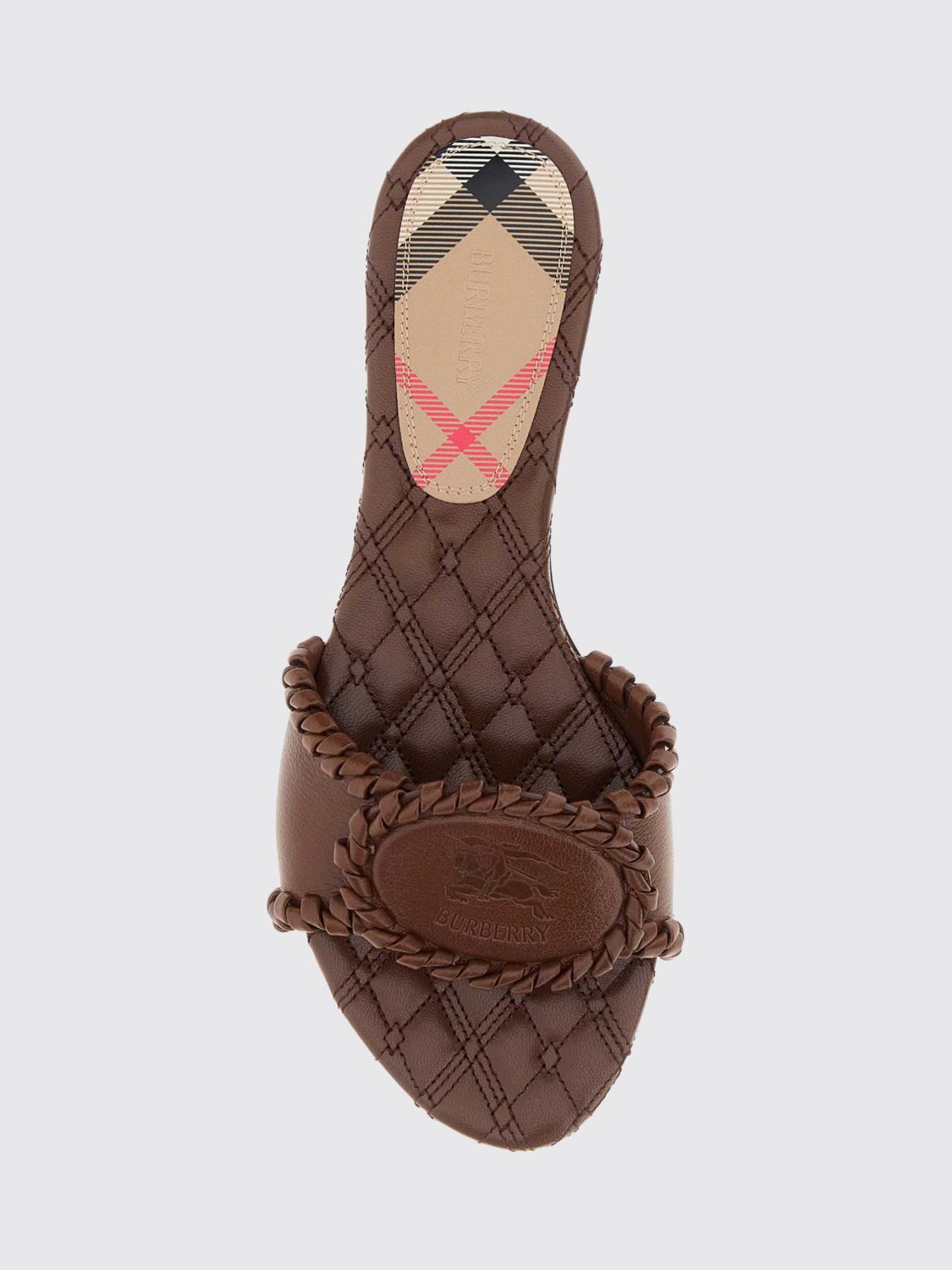 woven bovine leather slides with low heel and embossed logo