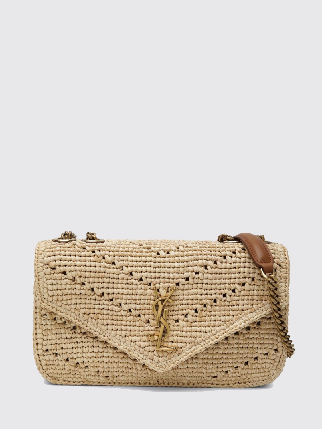 loulou small crochet raffia shoulder bag with ysl monogram
