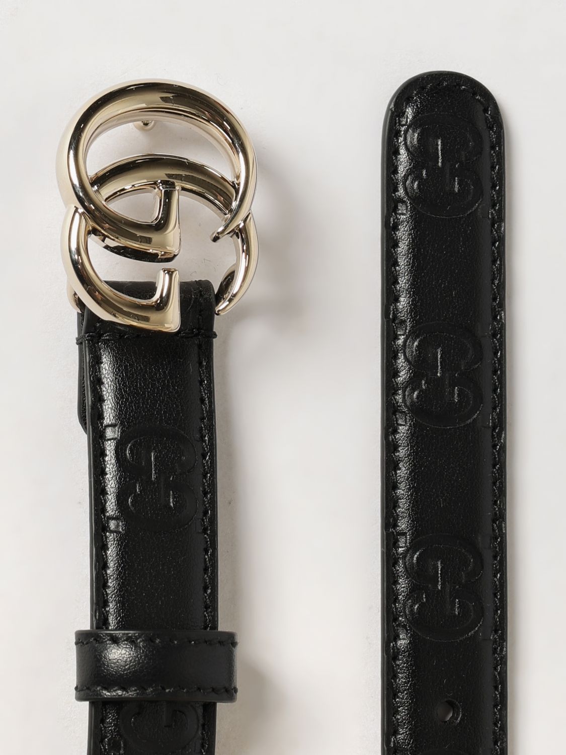 gg marmont slim leather belt with monogram buckle