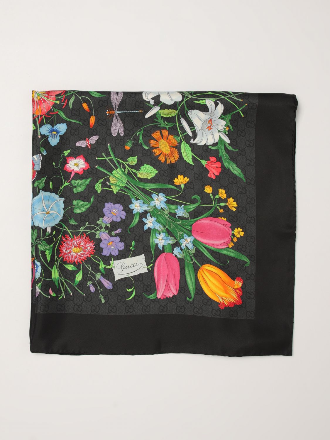 gg monogram floral print square silk scarf