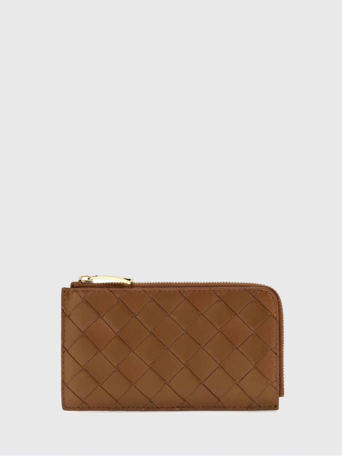 zipped flat card holder in intrecciato lambskin leather