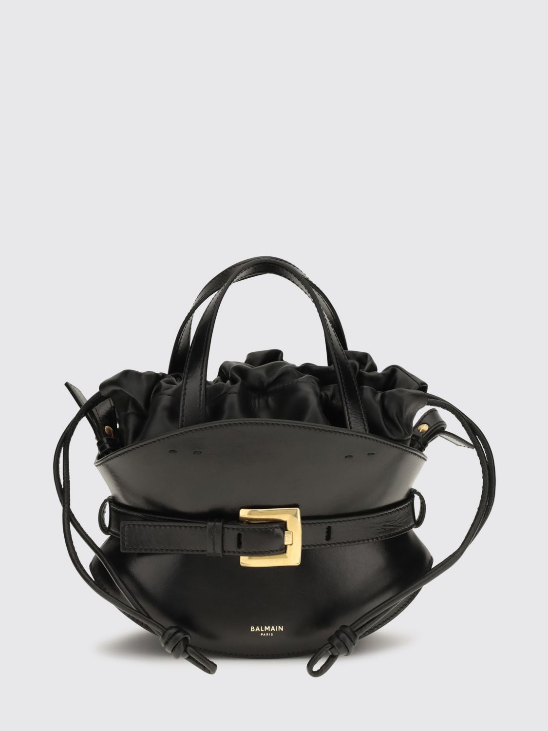 shuffle leather hourglass handbag with drawstring closure