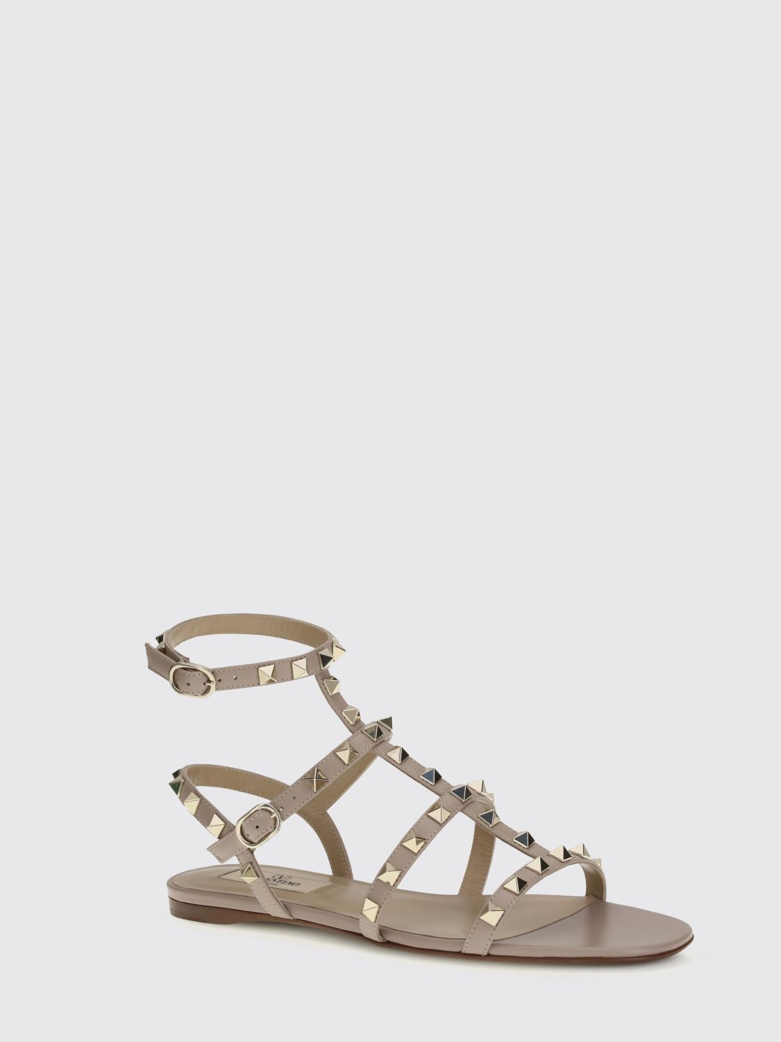 rockstud calfskin leather low-heeled sandals