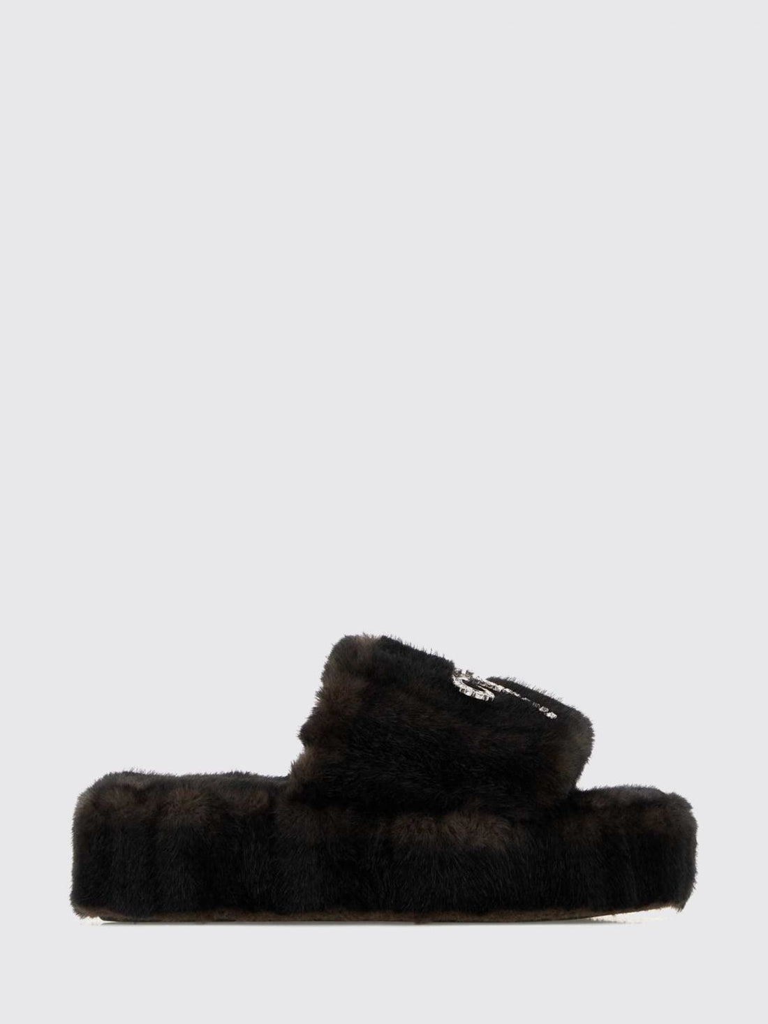 BALENCIAGA 40 faux fur platform slide sandals with bow and rhinestones