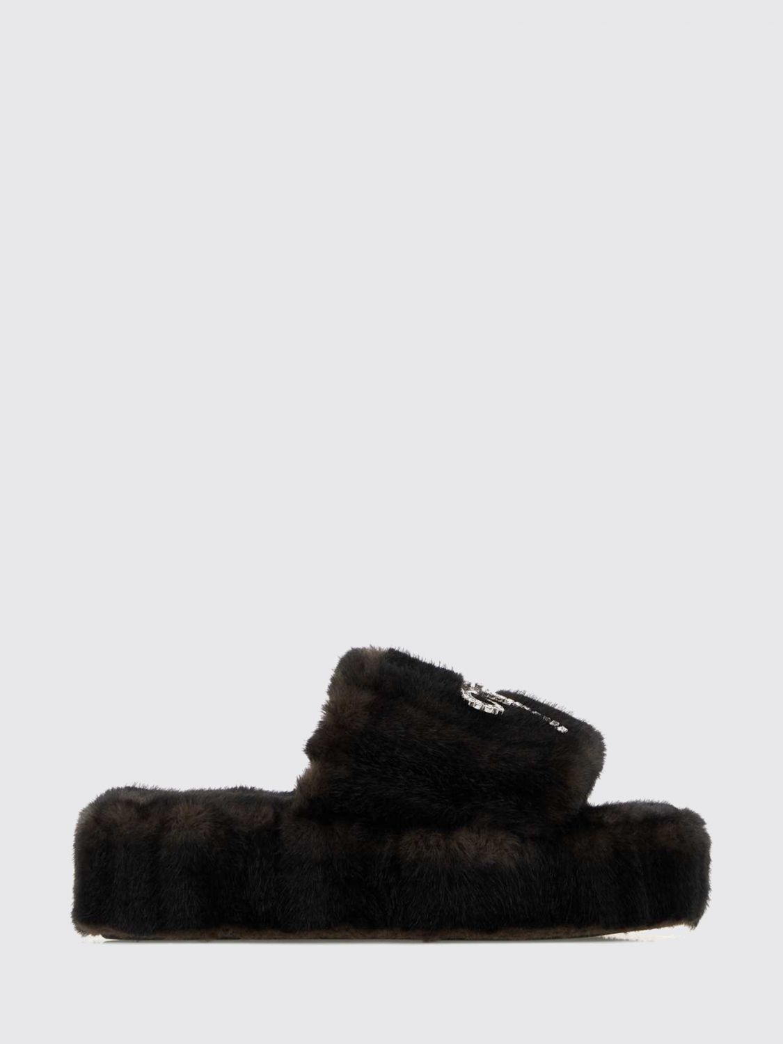 faux fur platform slide sandals with bow and rhinestones
