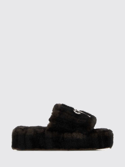 faux fur platform slide sandals with bow and rhinestones