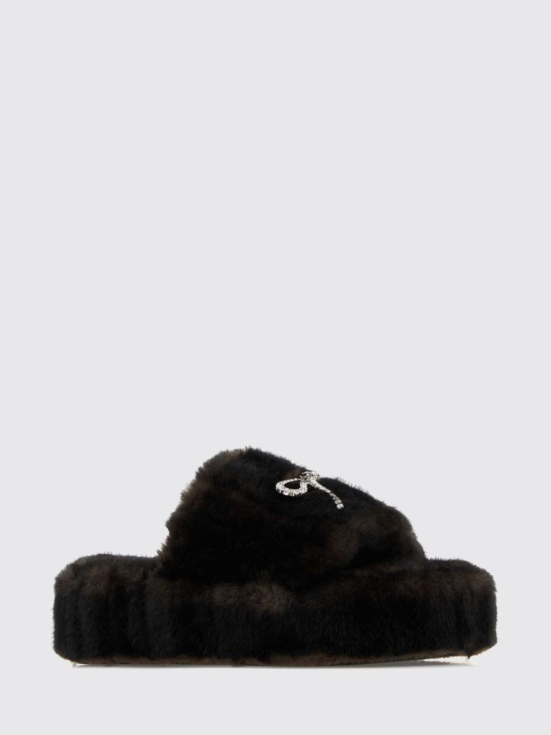BALENCIAGA 40 faux fur platform slide sandals with bow and rhinestones