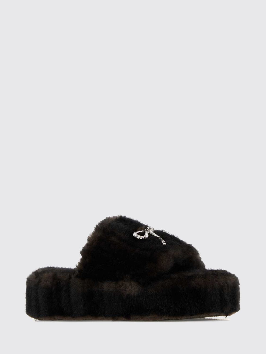 faux fur platform slide sandals with bow and rhinestones
