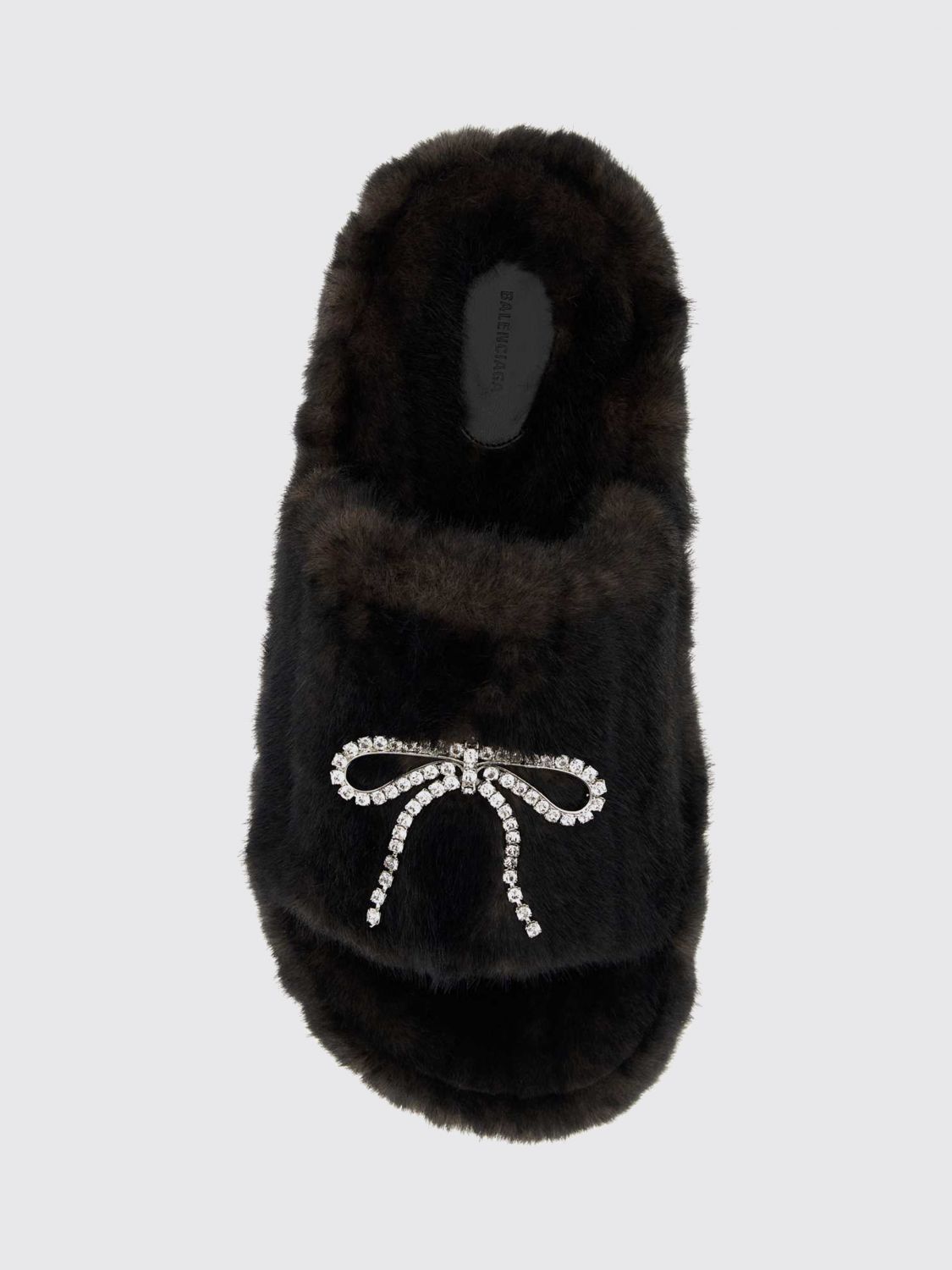 faux fur platform slide sandals with bow and rhinestones