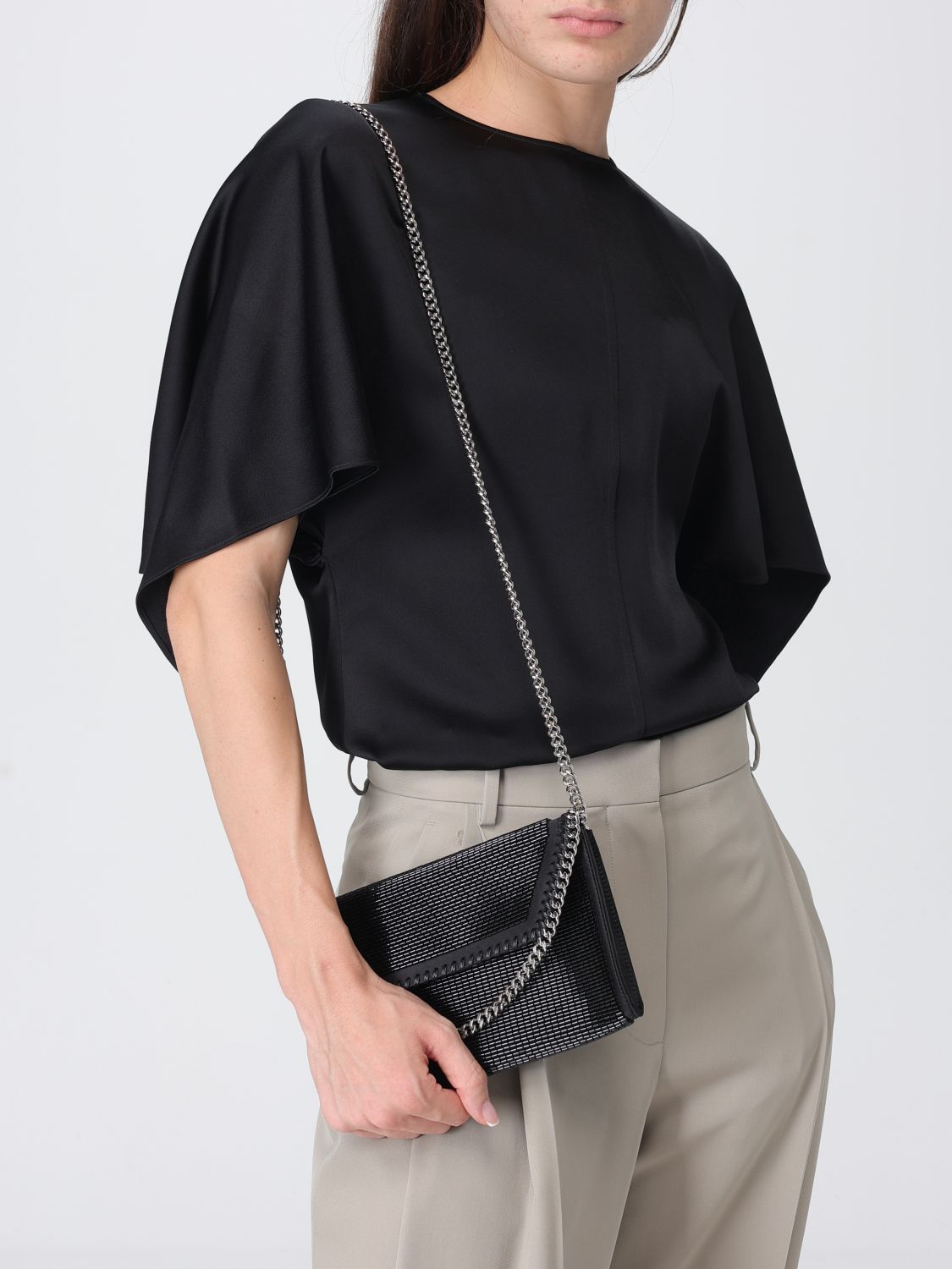 falabella mini satin bag with beads and chain