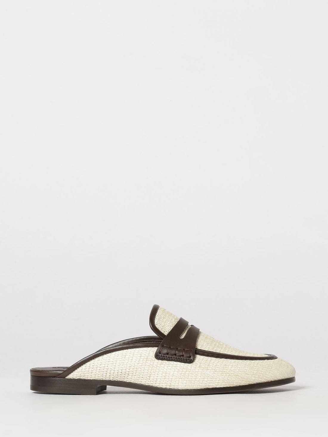 BRUNELLO CUCINELLI 38½ flat mules in bicolour raffia and leather with penny bar