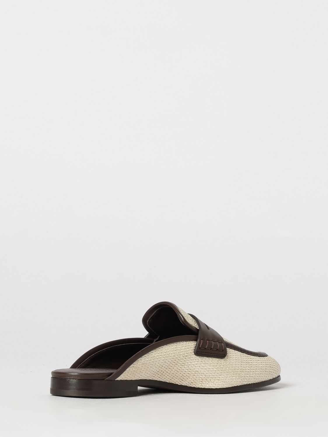 flat mules in bicolour raffia and leather with penny bar