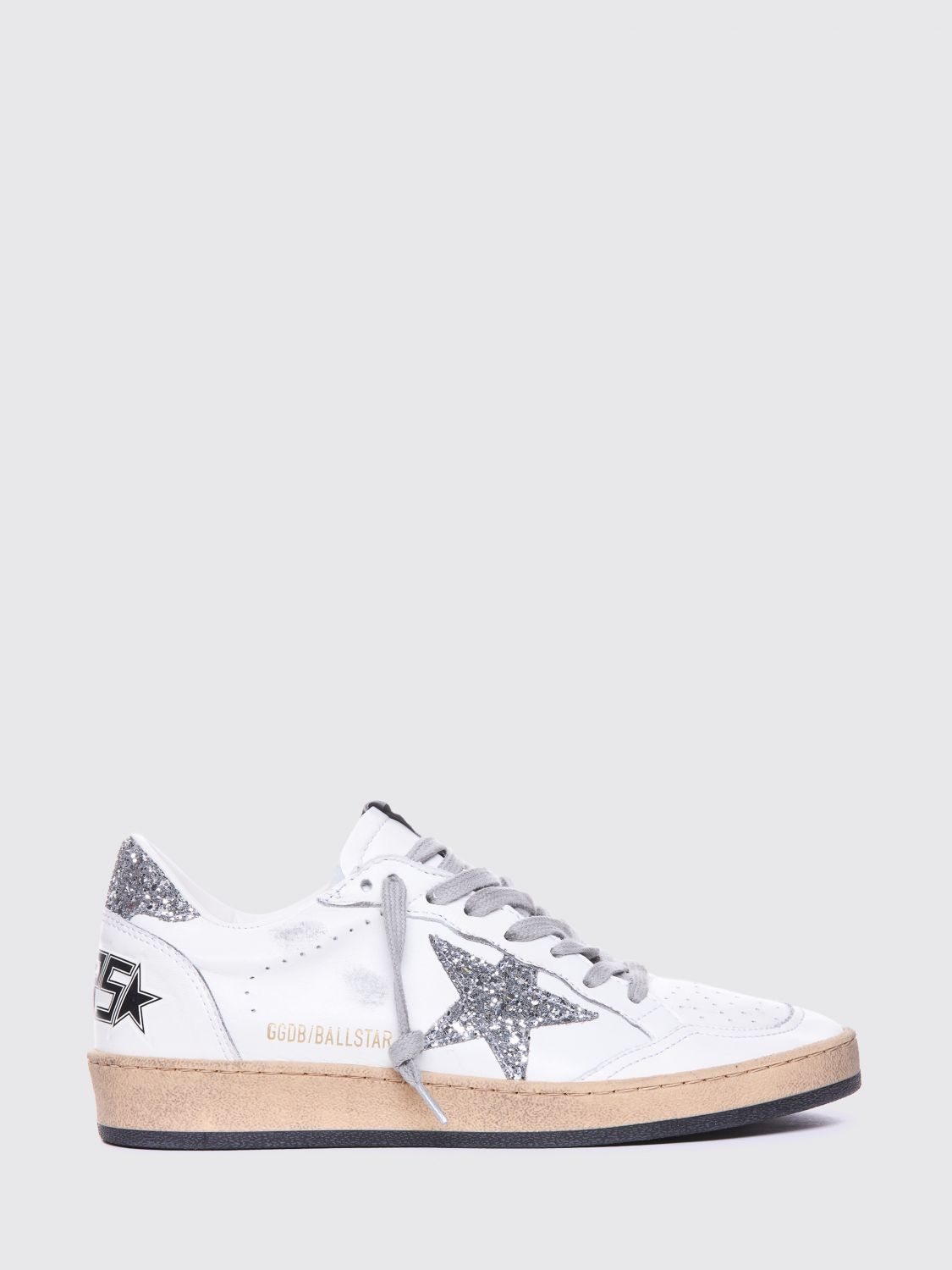 ball star leather sneakers with glitter logo and distressed effect