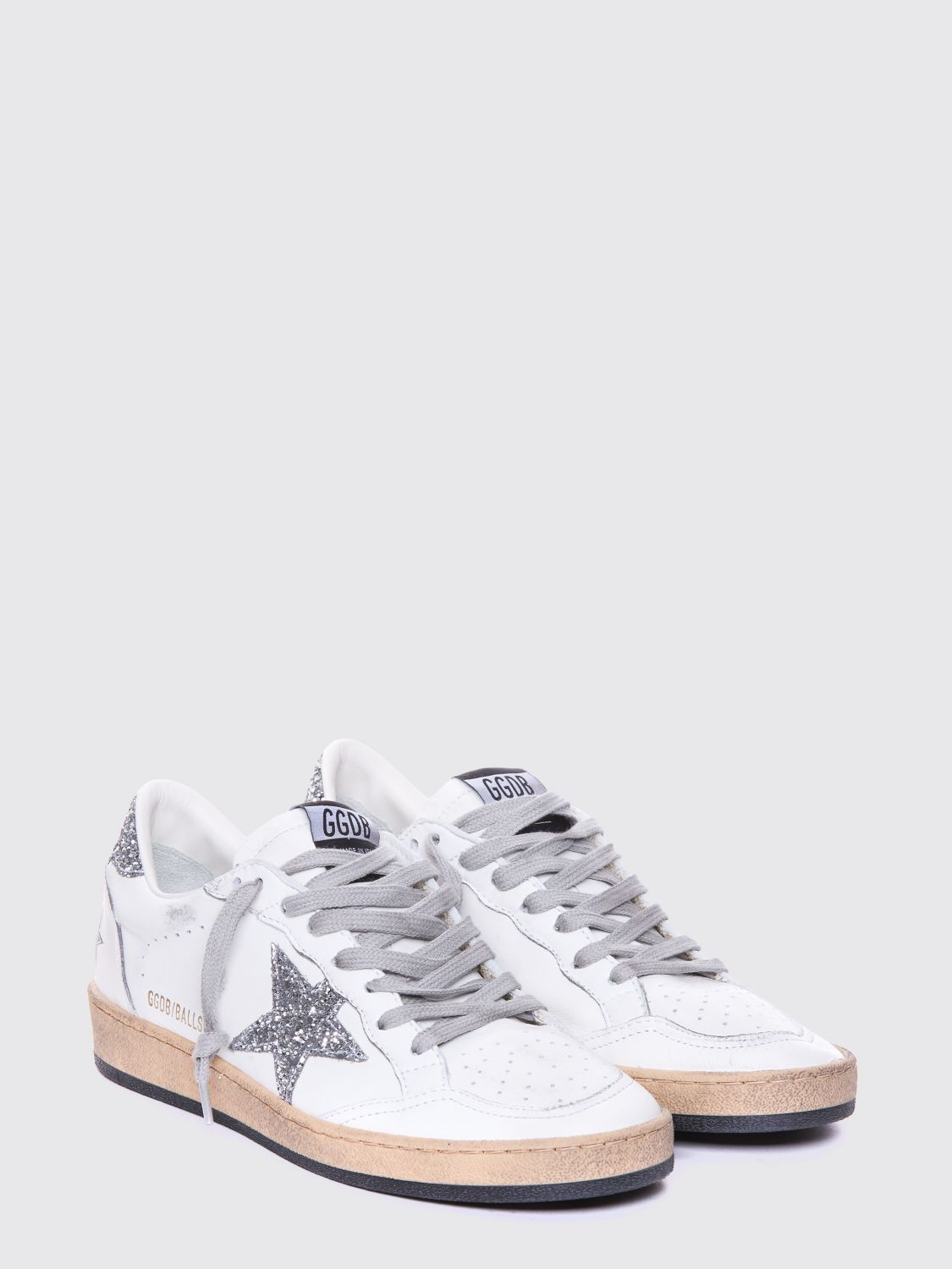 ball star leather sneakers with glitter logo and distressed effect