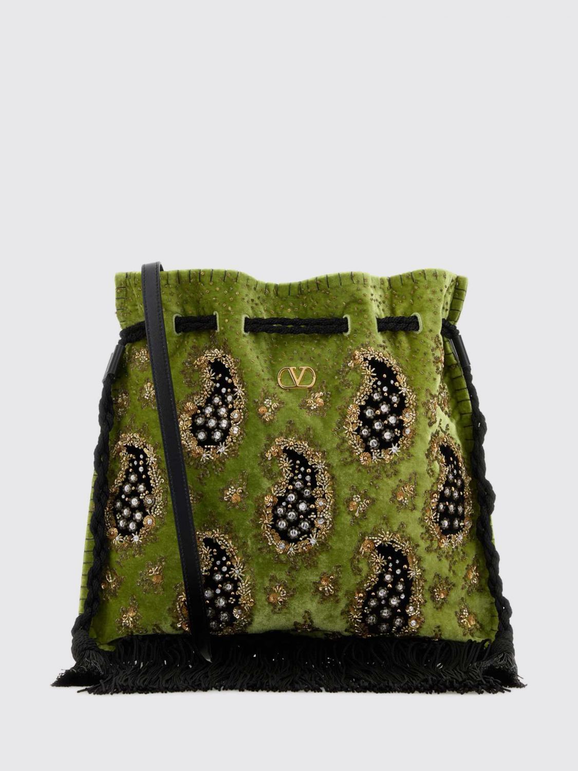 vlogo signature paisley embroidered bucket bag with crystals