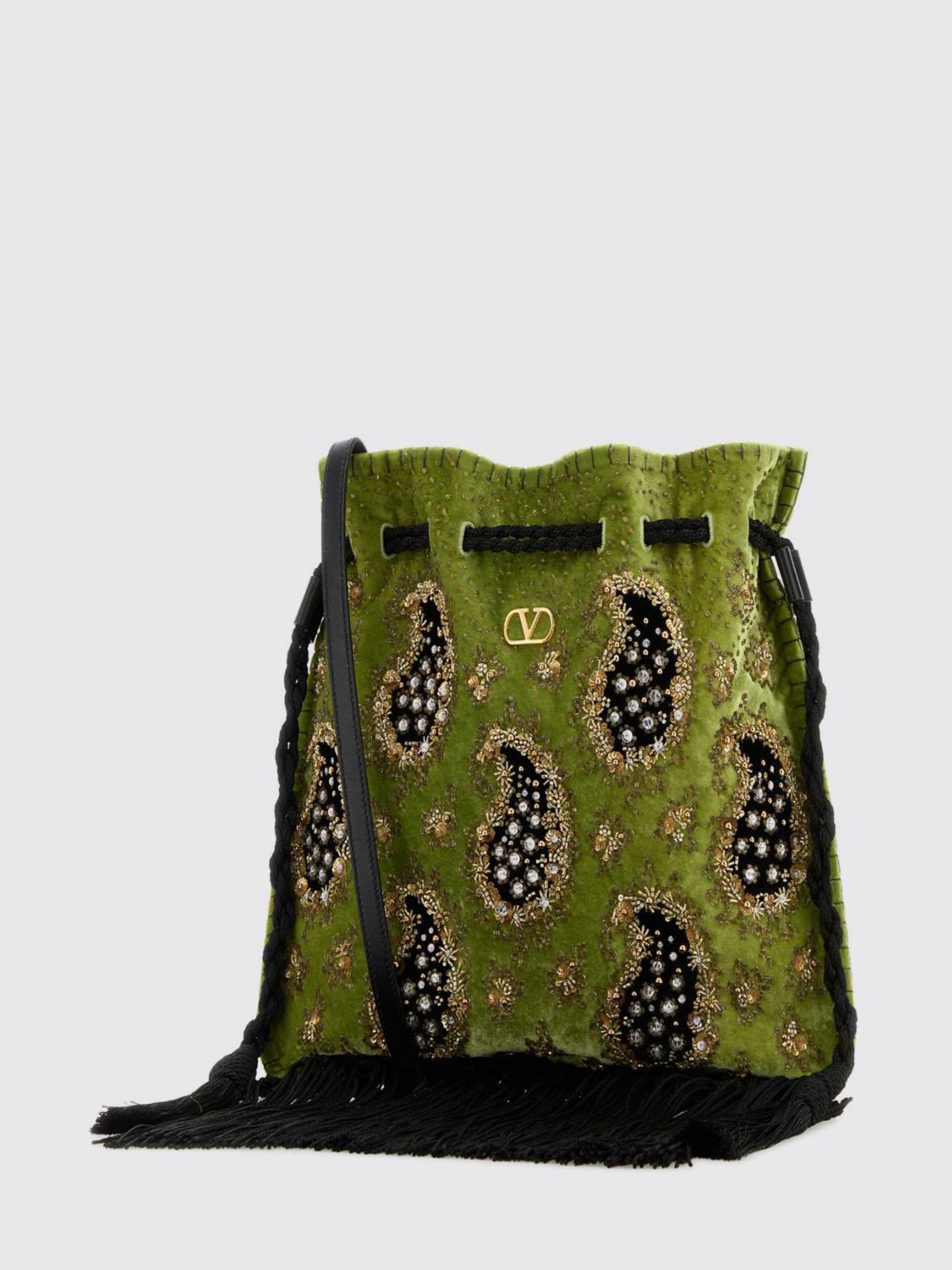 vlogo signature paisley embroidered bucket bag with crystals