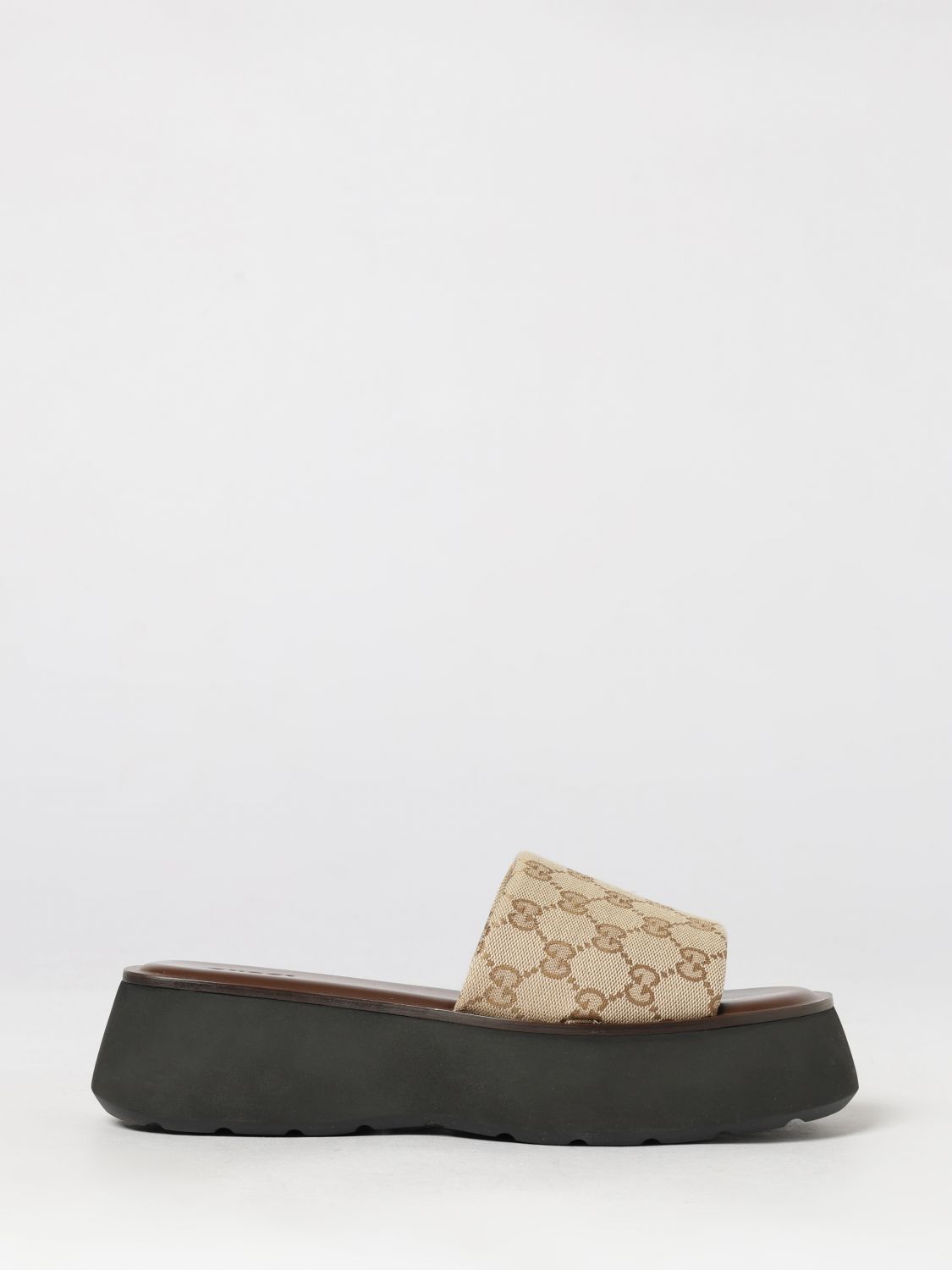 gg cotton monogram mule sandals with low wedge heel
