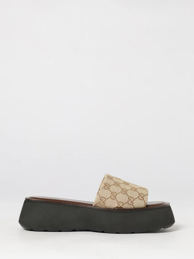 gg cotton monogram mule sandals with low wedge heel