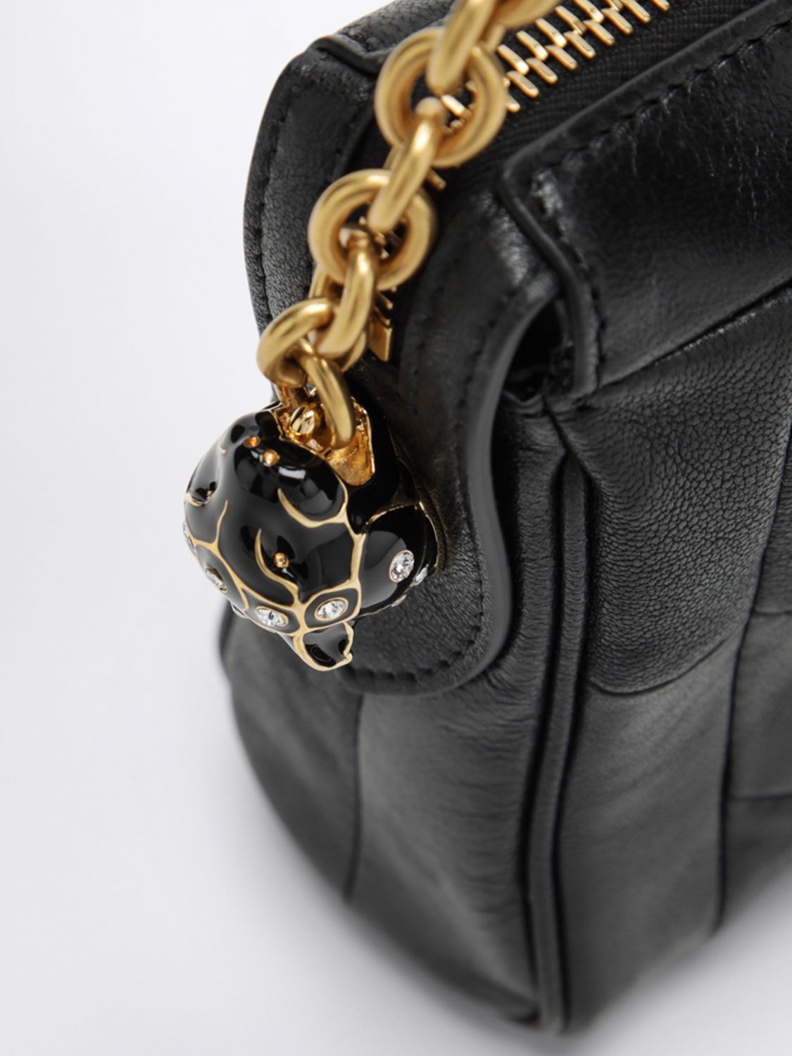 panthea chevron leather shoulder bag with vlogo and rhinestones