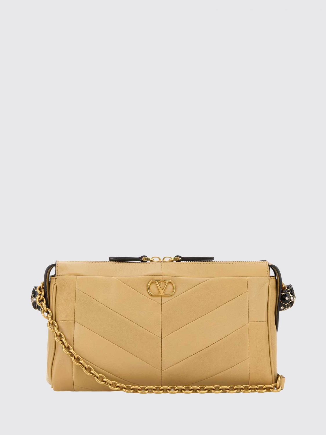 panthea chevron leather shoulder bag with vlogo and rhinestones