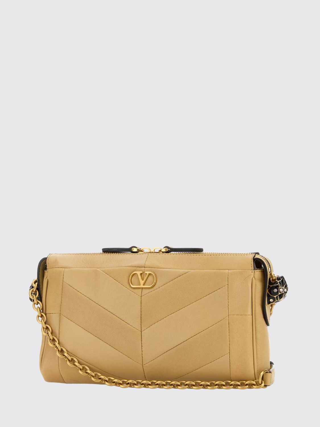 panthea chevron leather shoulder bag with vlogo and rhinestones