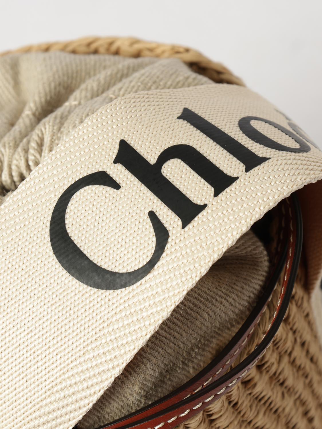 chloé woody mini raffia bucket bag with leather strap