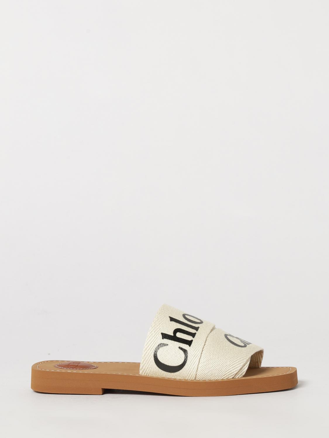 woody flat mule sandals chloé in canvas with logo print and square toe