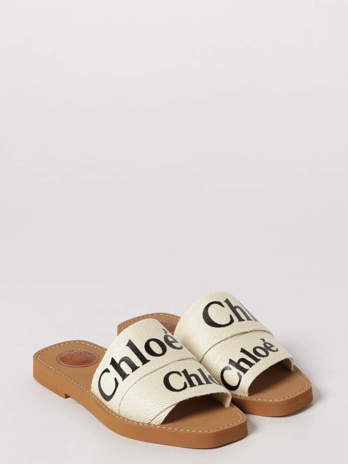 woody flat mule sandals chloé in canvas with logo print and square toe