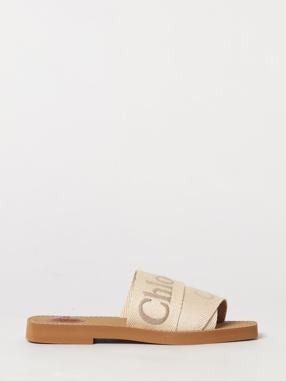 woody flat mule sandals chloé in canvas with embroidered logo and square toe