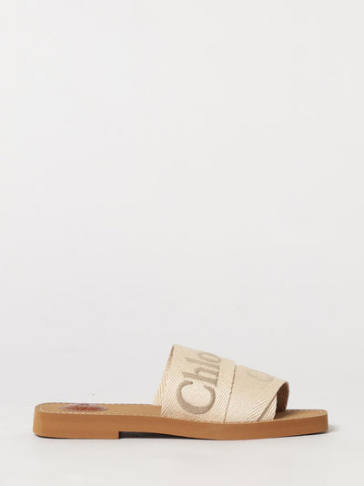 woody flat mule sandals chloé in canvas with embroidered logo and square toe