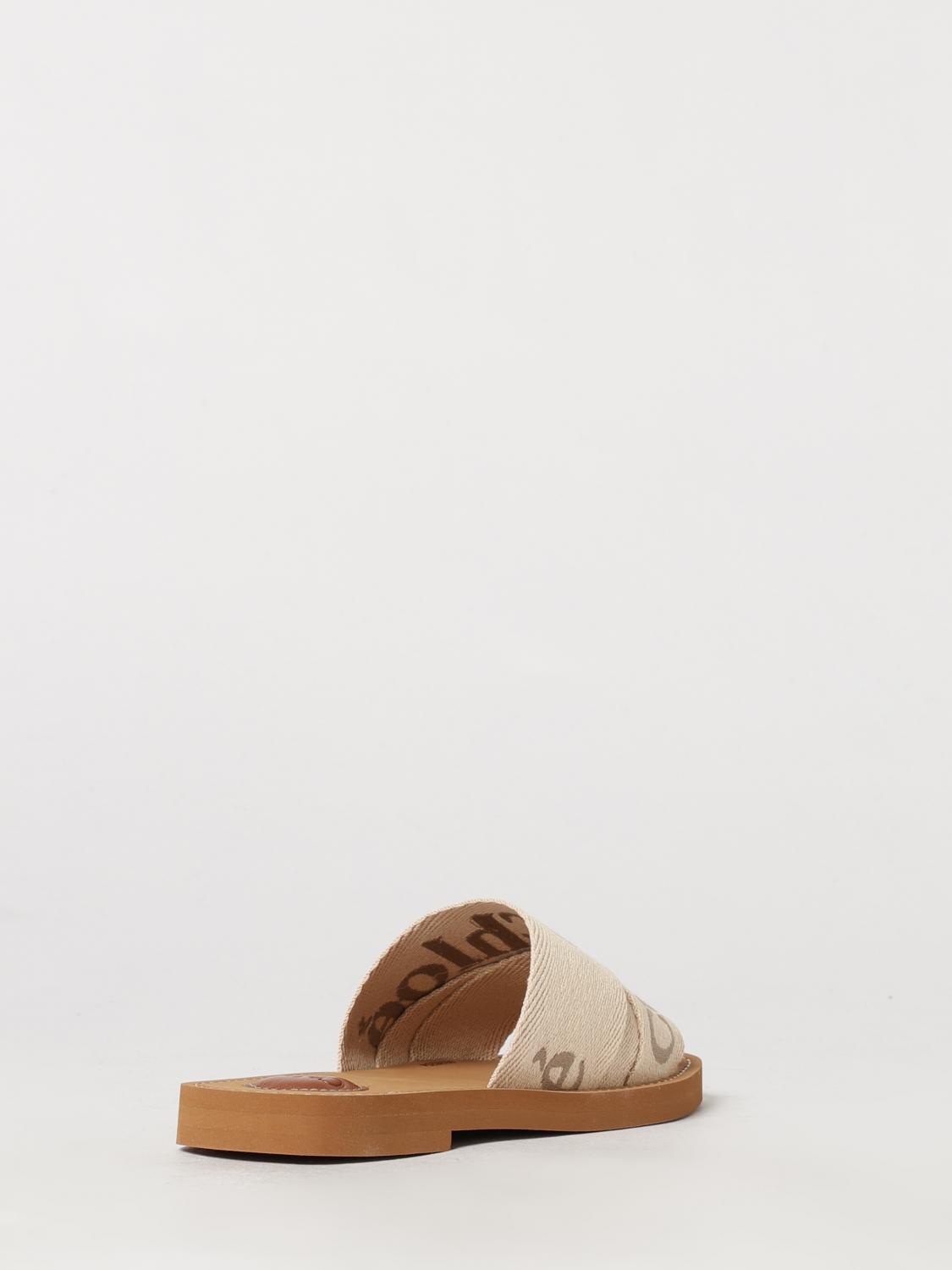 woody flat mule sandals chloé in canvas with embroidered logo and square toe