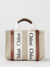 chloé woody mini linen and cotton tote bag with logo handles