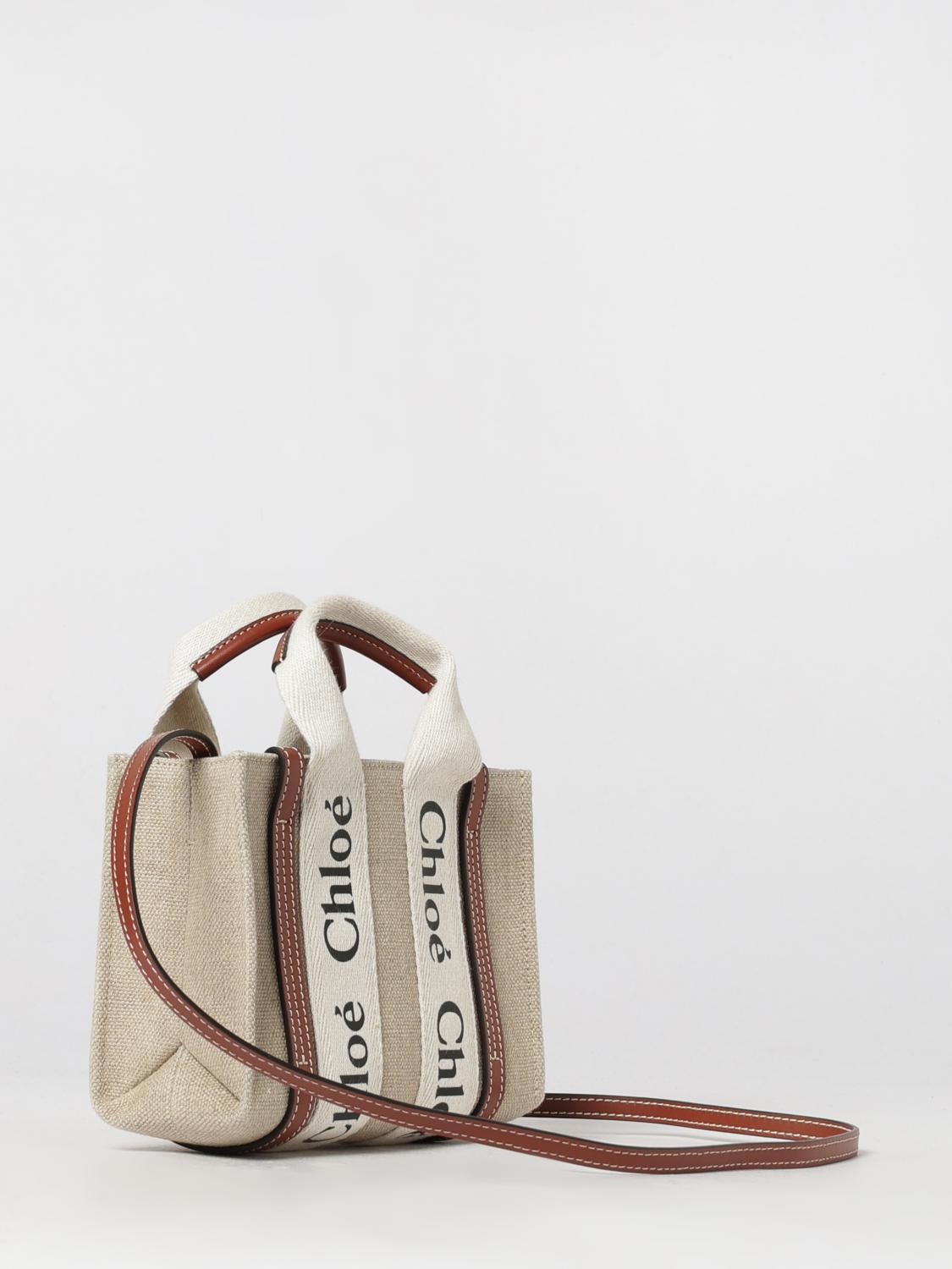 chloé woody mini linen and cotton tote bag with logo handles
