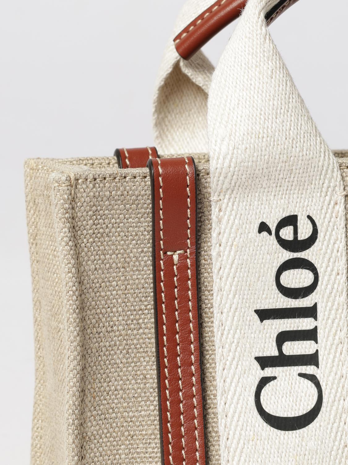 chloé woody mini linen and cotton tote bag with logo handles