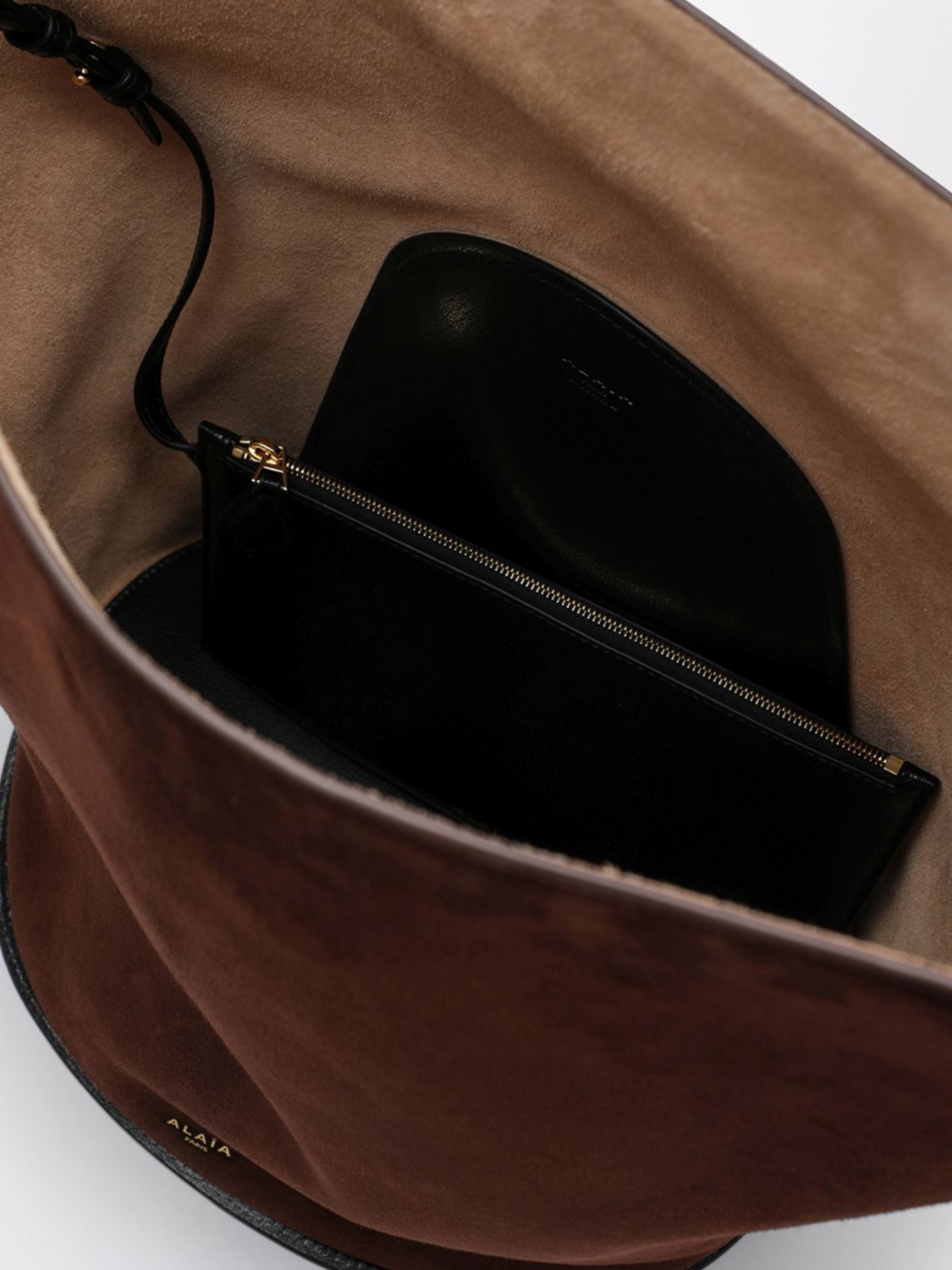 hip suede bucket bag with charm