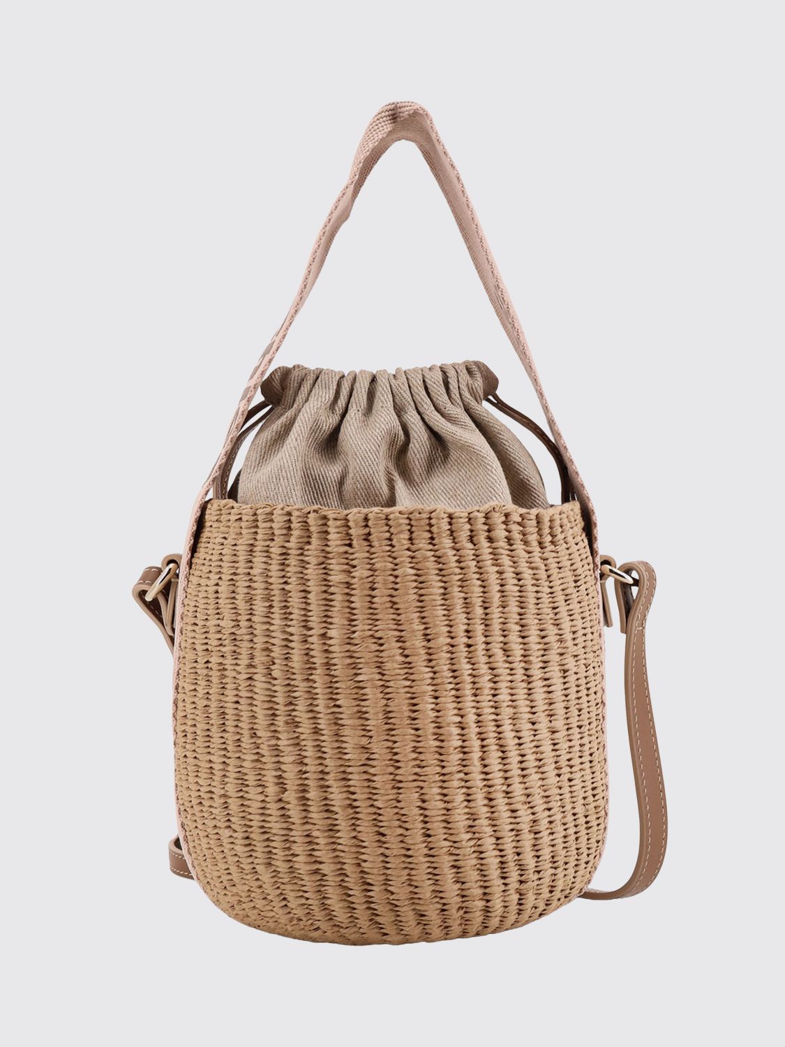 woody mini bucket bag chloé in raffia with jacquard logo