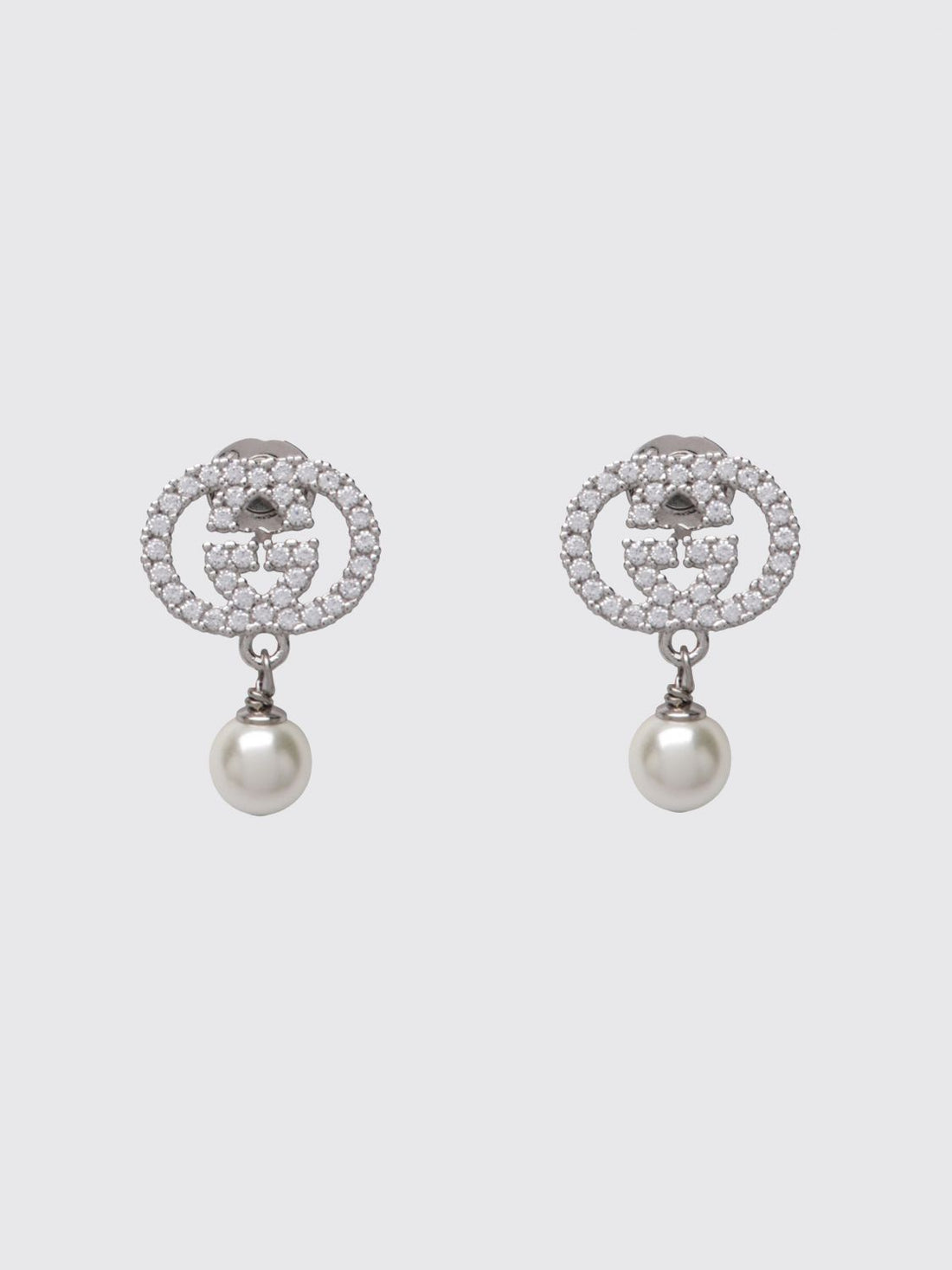 GUCCI OS pendant earrings in brass with synthetic pearls and rhinestone gg logo