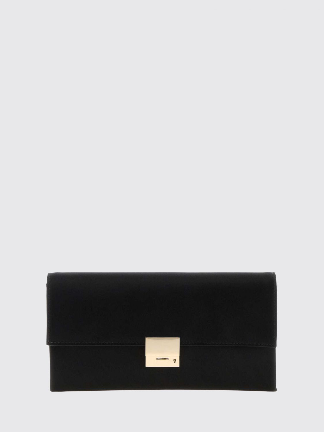 rectangular silk clutch with metallic snap closure and engraved logo