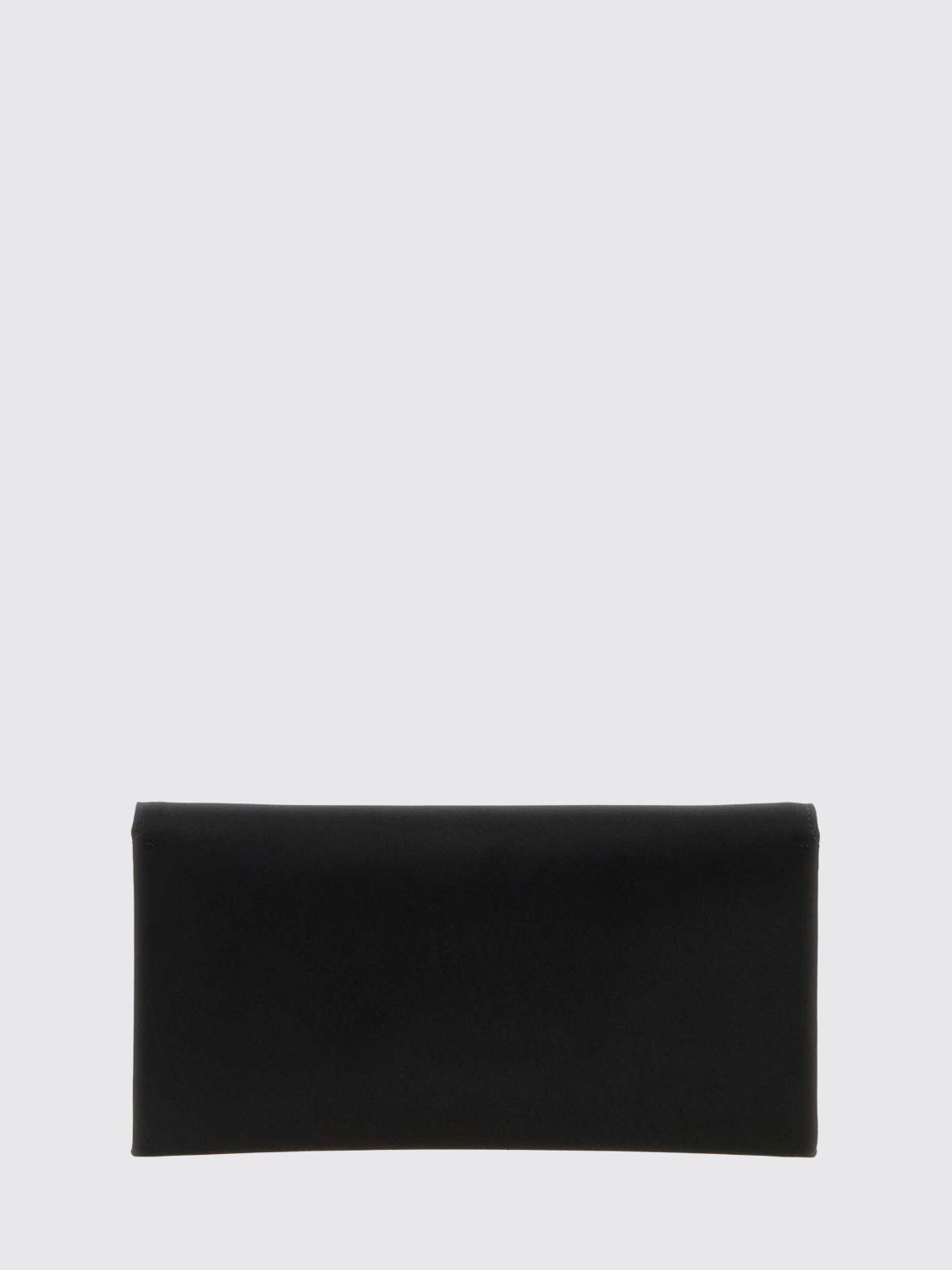 rectangular silk clutch with metallic snap closure and engraved logo