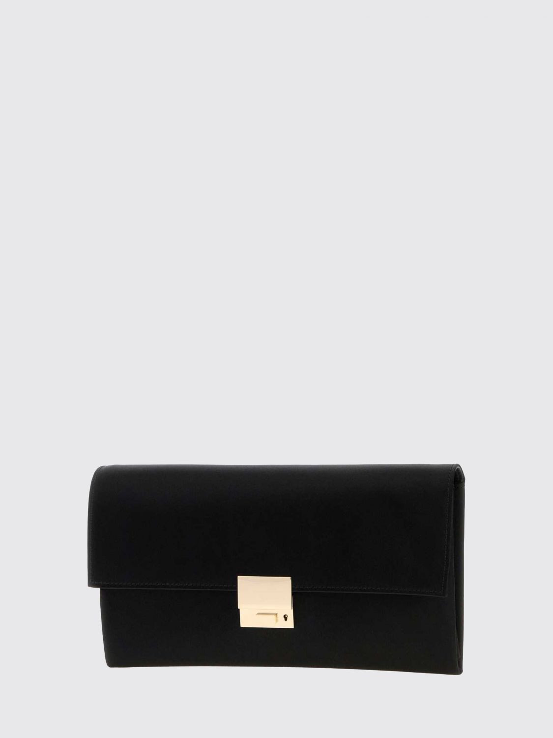 rectangular silk clutch with metallic snap closure and engraved logo