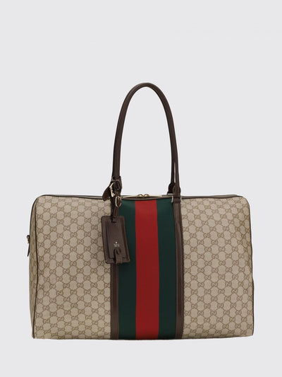 gg monogram fabric travel bag with leather handles